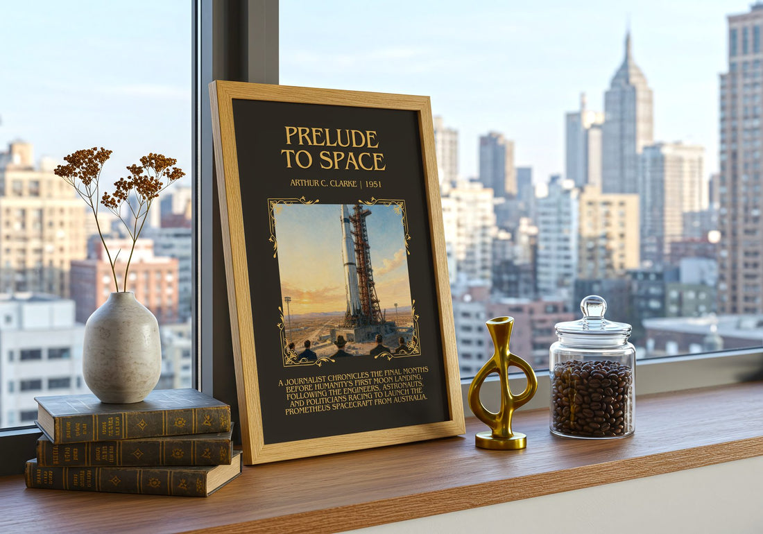 Prelude to Space Minimalist Book Poster by Arthur C. Clarke – framed print on a city-view windowsill