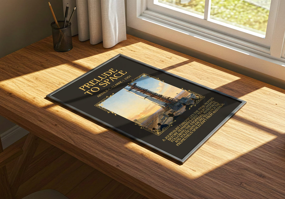 Prelude to Space Minimalist Book Poster by Arthur C. Clarke – print on a sunlit desk