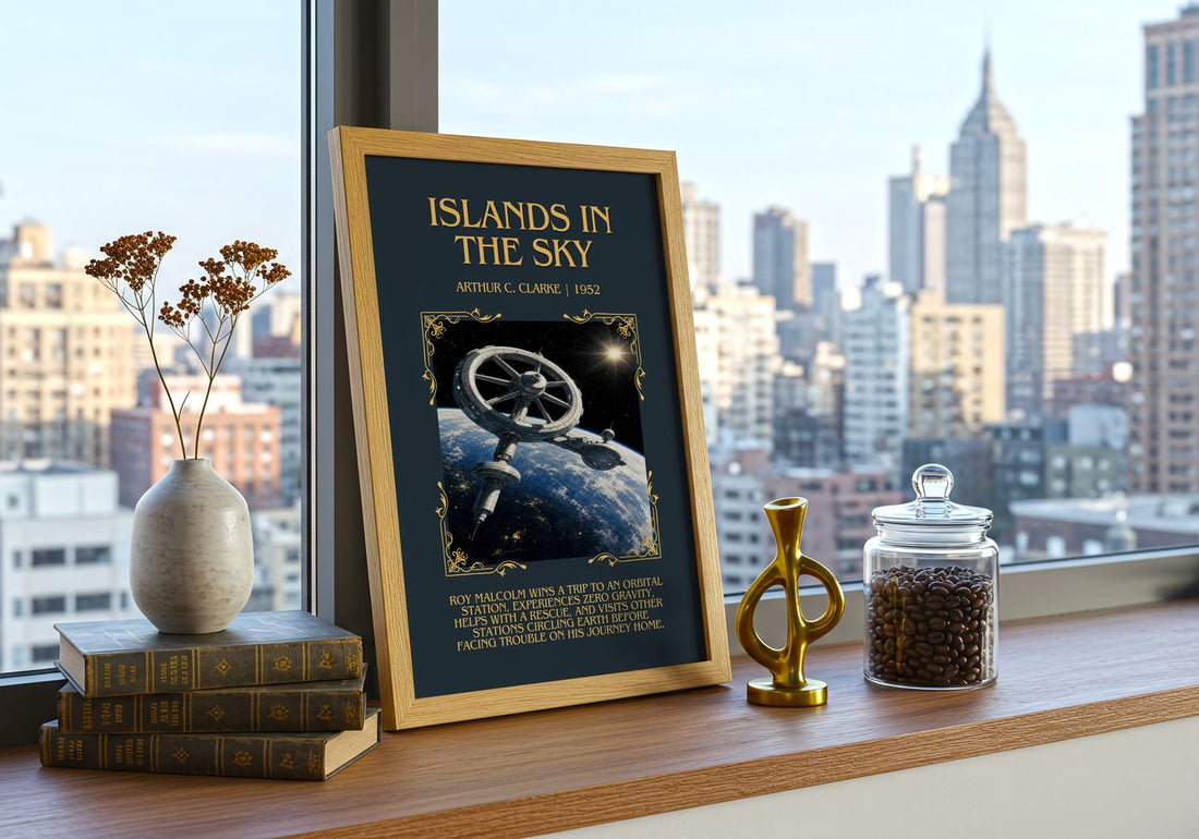 Islands in the Sky Minimalist Book Poster by Arthur C. Clarke – framed print on a city-view windowsill