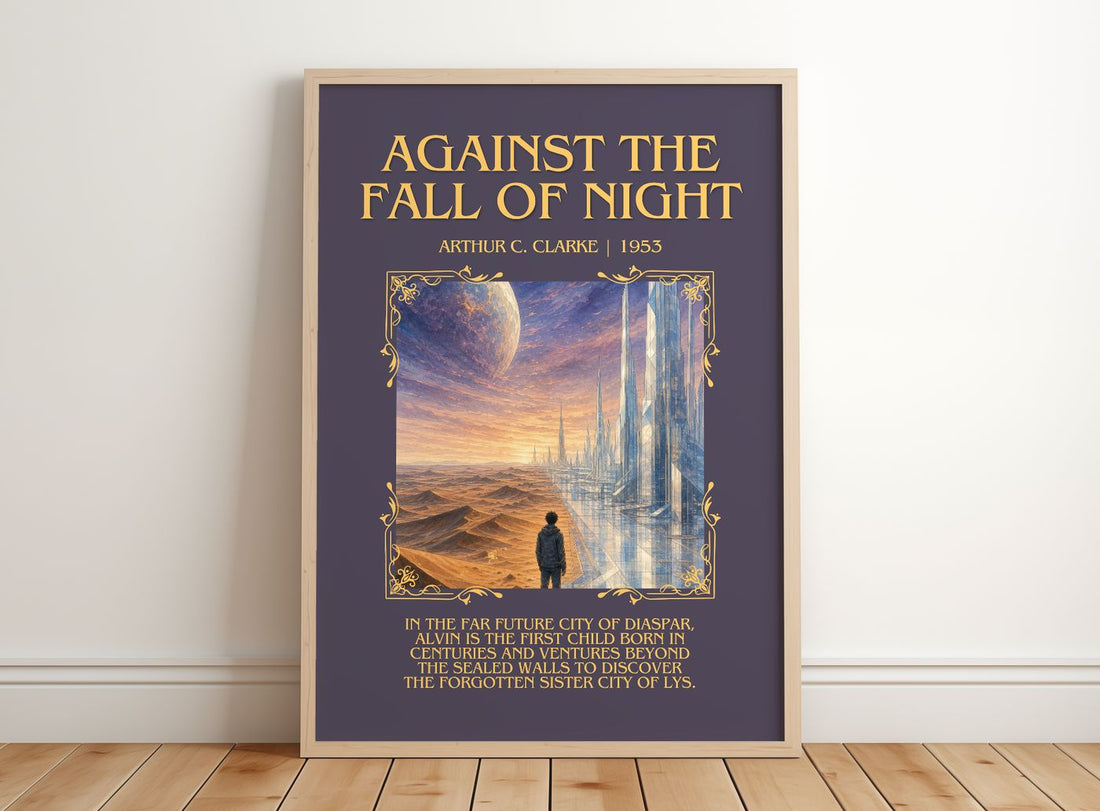 Against the Fall of Night Minimalist Book Poster by Arthur C. Clarke – framed print leaning on a wooden floor