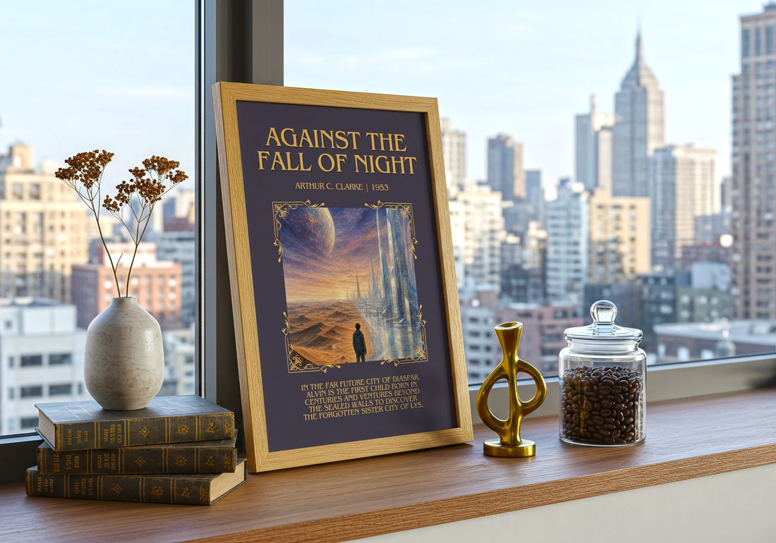 Against the Fall of Night Minimalist Book Poster by Arthur C. Clarke – framed print on a city-view windowsill