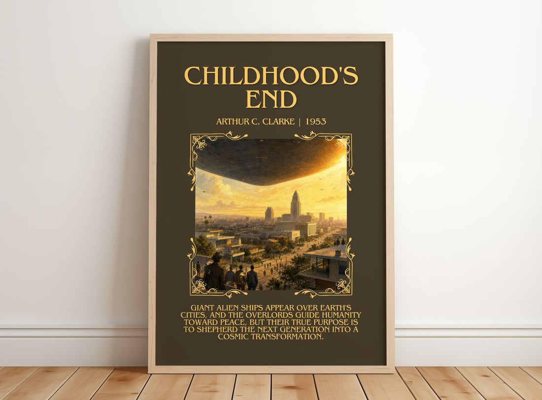 Childhood's End Minimalist Book Poster by Arthur C. Clarke – framed print leaning on a wooden floor