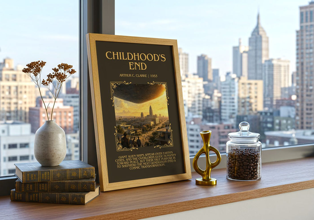 Childhood's End Minimalist Book Poster by Arthur C. Clarke – framed print on a city-view windowsill