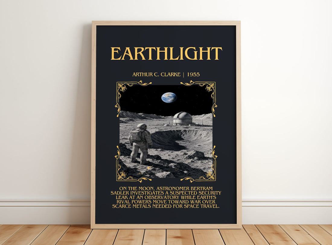 Earthlight Minimalist Book Poster by Arthur C. Clarke – framed print leaning on a wooden floor