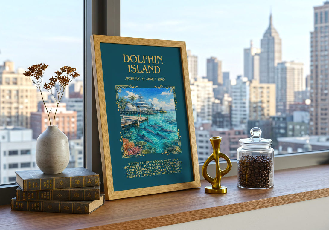 Dolphin Island Minimalist Book Poster by Arthur C. Clarke – framed print on a city-view windowsill