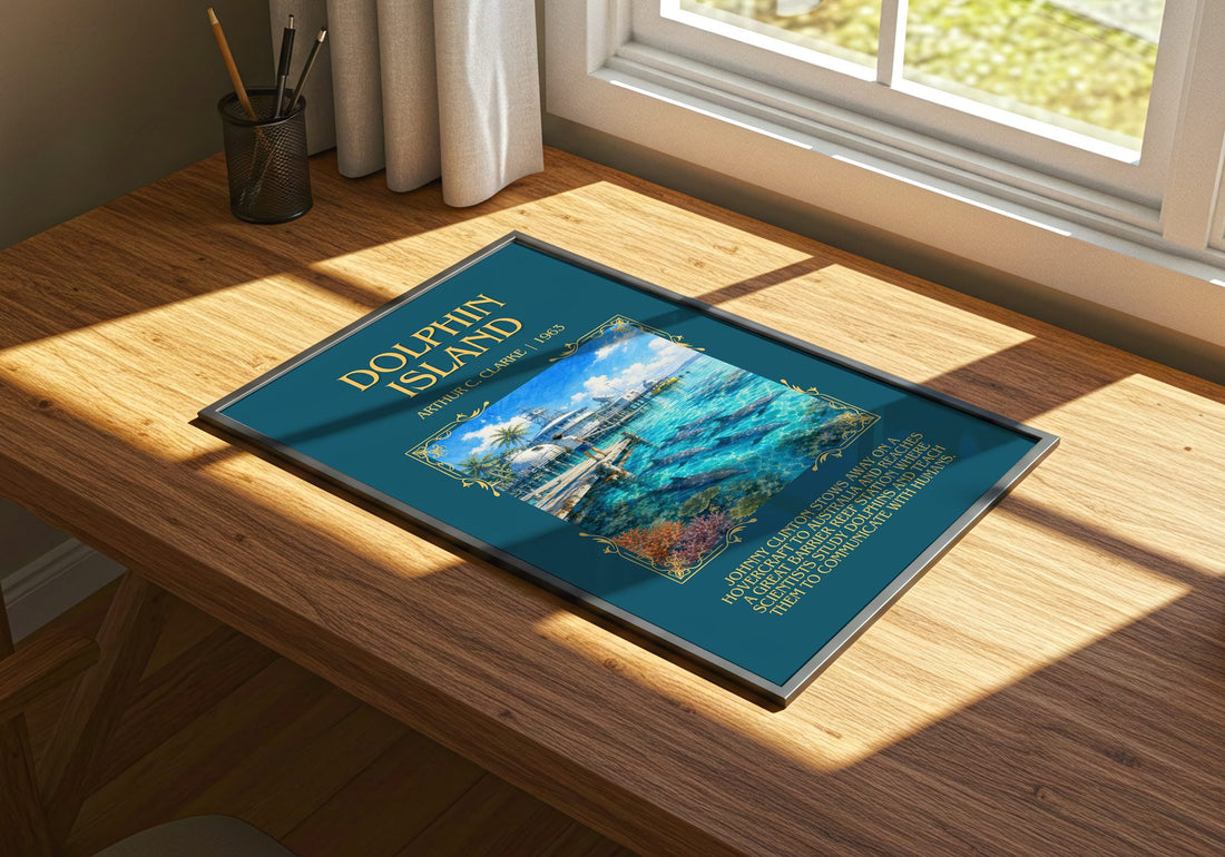 Dolphin Island Minimalist Book Poster by Arthur C. Clarke – print on a sunlit desk
