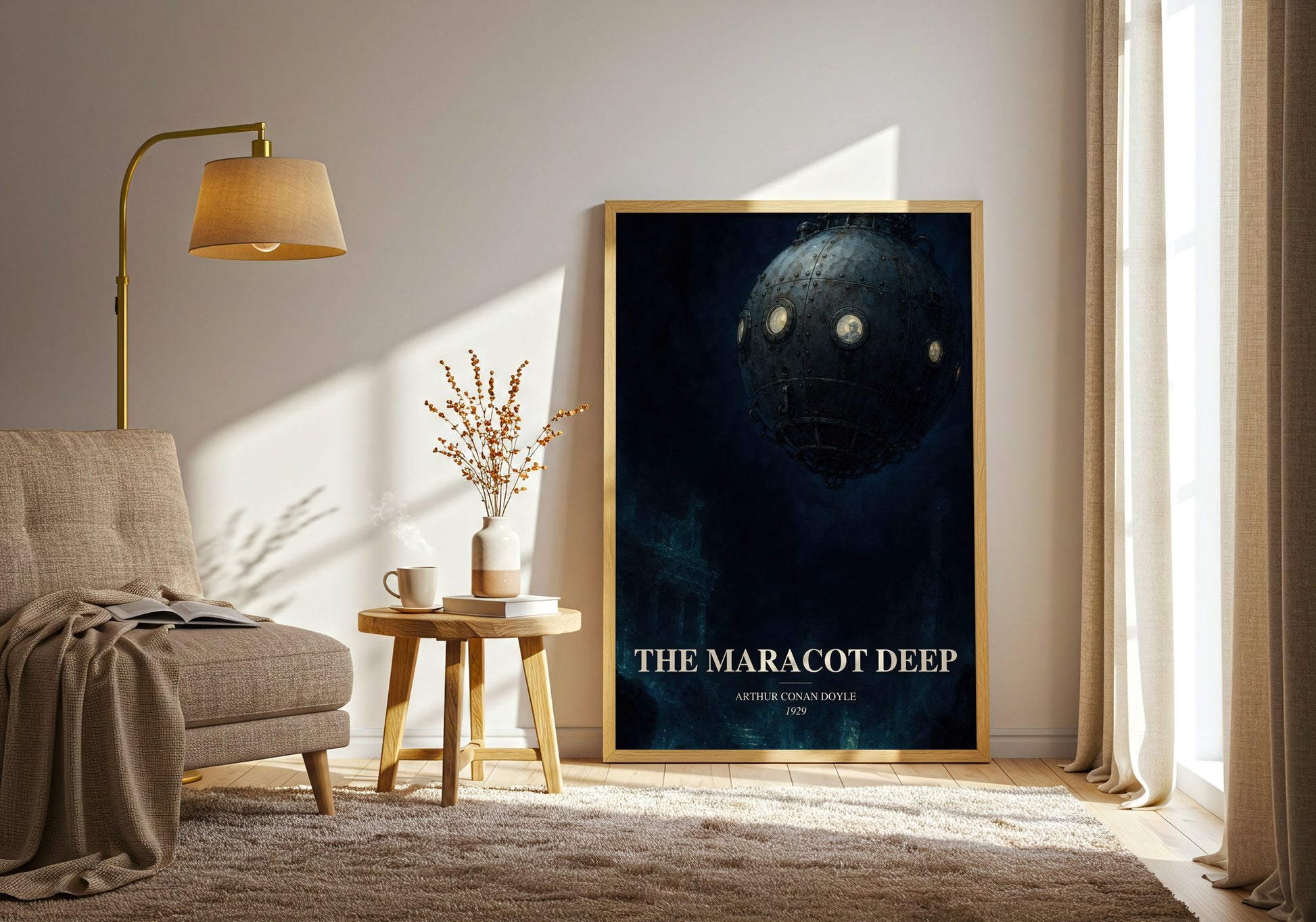 The Maracot Deep watercolour print in frame leaning in hallway – sci fi wall art
