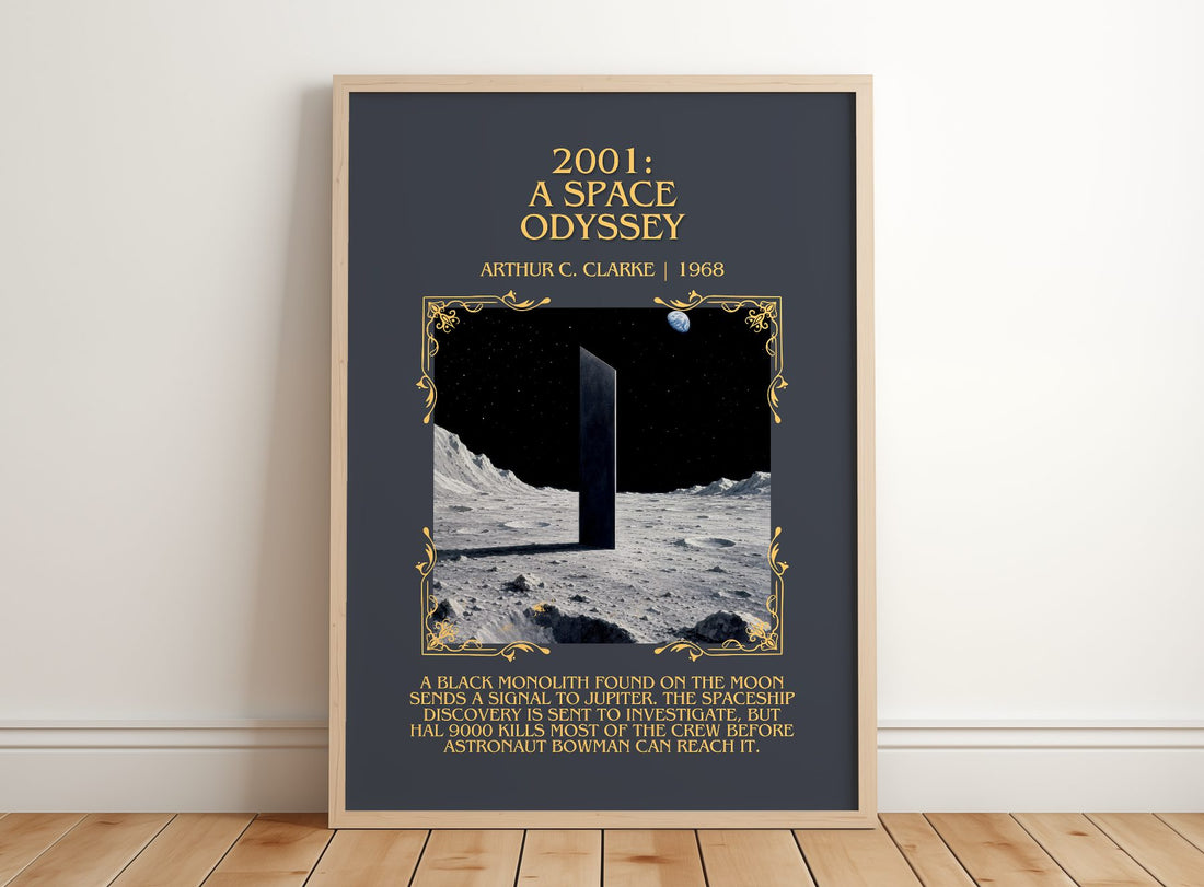 2001: A Space Odyssey Minimalist Book Poster by Arthur C. Clarke – framed print leaning on a wooden floor