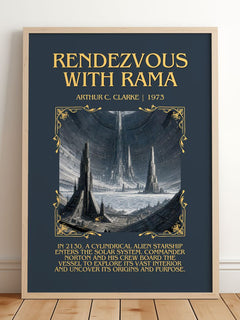 Rendezvous with Rama Minimalist Book Poster by Arthur C. Clarke – framed print leaning on a wooden floor