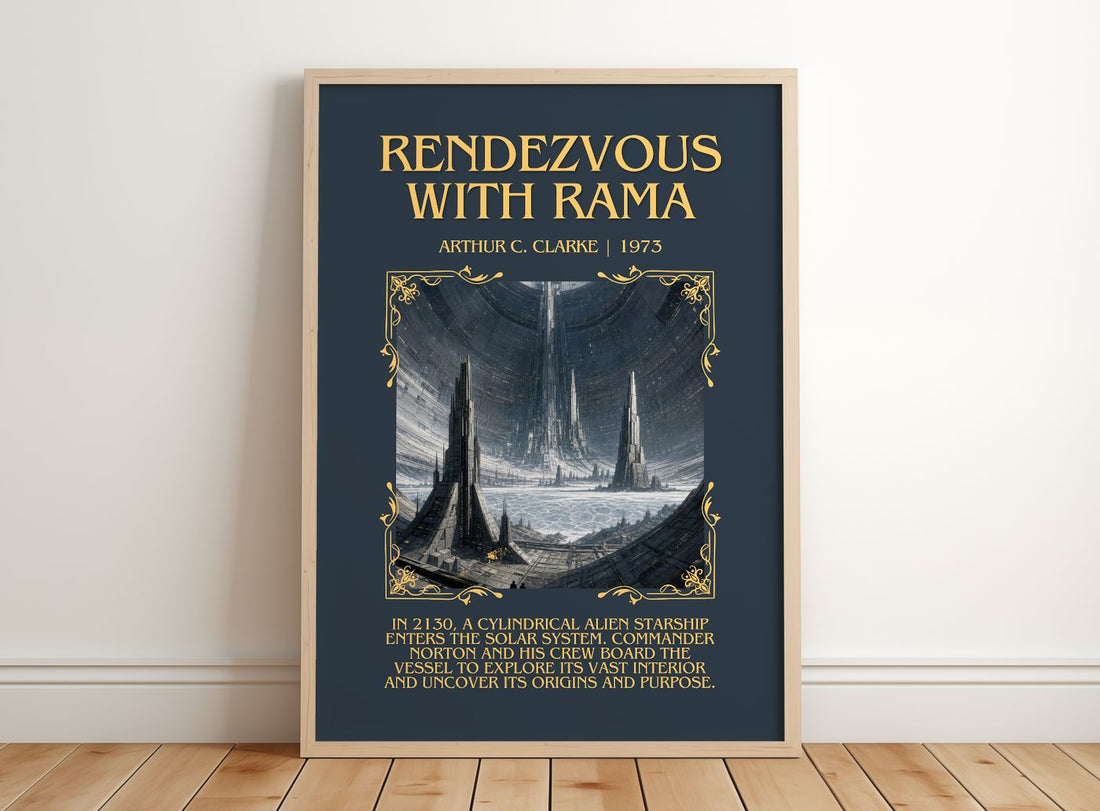Rendezvous with Rama Minimalist Book Poster by Arthur C. Clarke – framed print leaning on a wooden floor