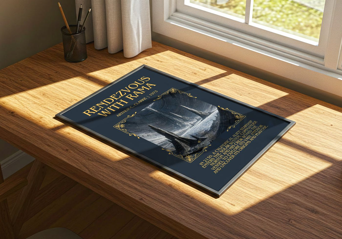 Rendezvous with Rama Minimalist Book Poster by Arthur C. Clarke – print on a sunlit desk
