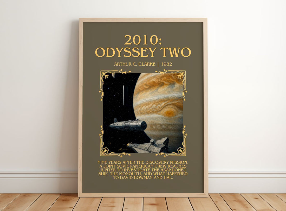 2010: Odyssey Two Minimalist Book Poster by Arthur C. Clarke – framed print leaning on a wooden floor