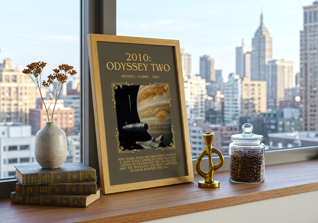 2010: Odyssey Two Minimalist Book Poster by Arthur C. Clarke – framed print on a city-view windowsill