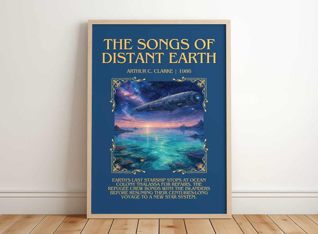 The Songs of Distant Earth Minimalist Book Poster by Arthur C. Clarke – framed print leaning on a wooden floor