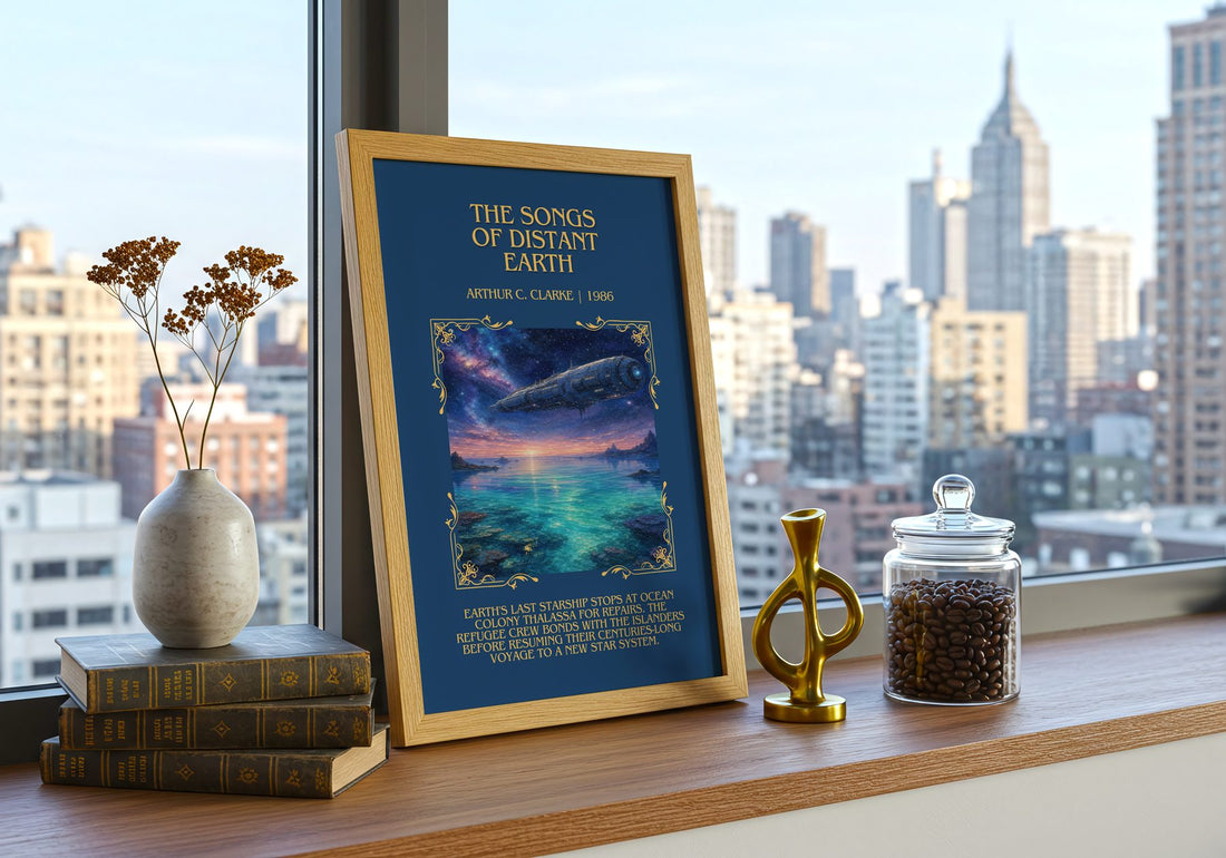 The Songs of Distant Earth Minimalist Book Poster by Arthur C. Clarke – framed print on a city-view windowsill