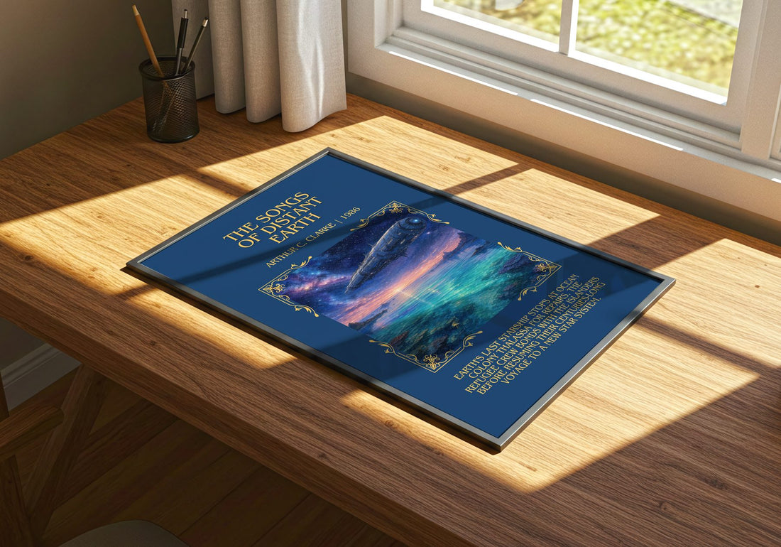 The Songs of Distant Earth Minimalist Book Poster by Arthur C. Clarke – print on a sunlit desk