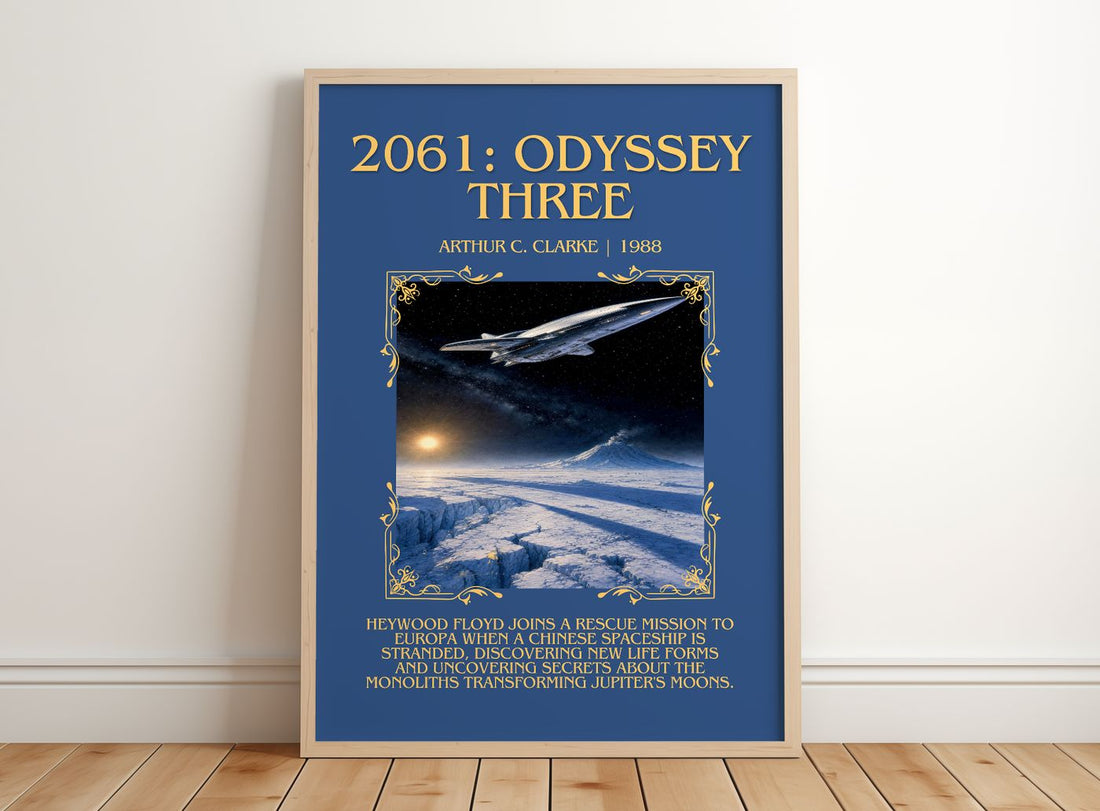 2061: Odyssey Three Minimalist Book Poster by Arthur C. Clarke – framed print leaning on a wooden floor