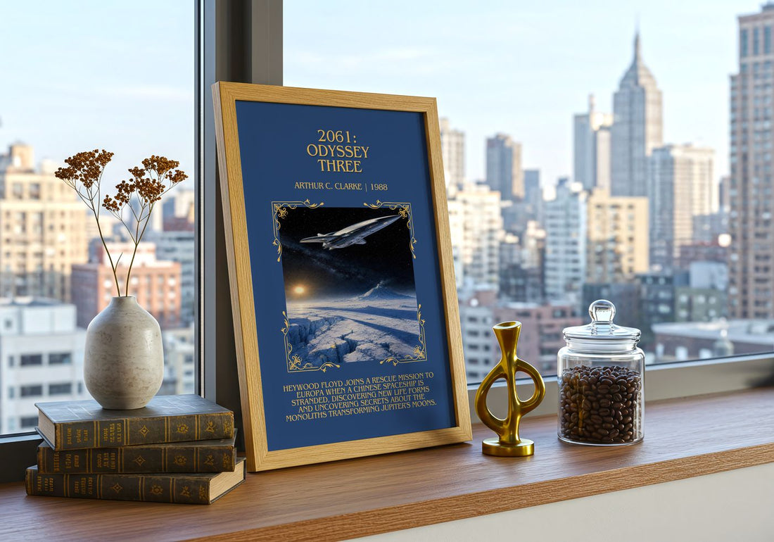2061: Odyssey Three Minimalist Book Poster by Arthur C. Clarke – framed print on a city-view windowsill