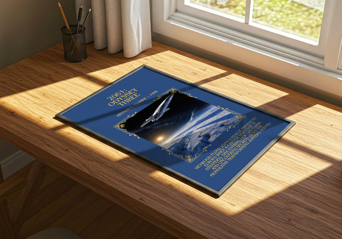 2061: Odyssey Three Minimalist Book Poster by Arthur C. Clarke – print on a sunlit desk