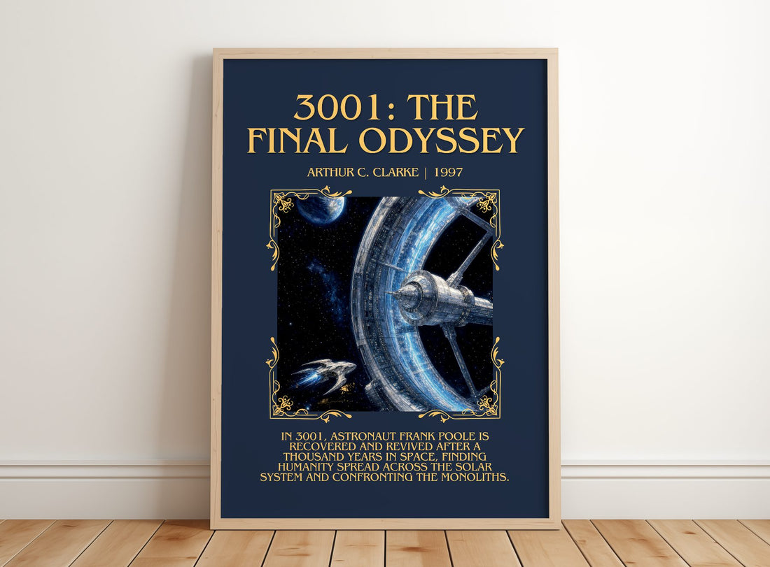 3001: The Final Odyssey Minimalist Book Poster by Arthur C. Clarke – framed print leaning on a wooden floor