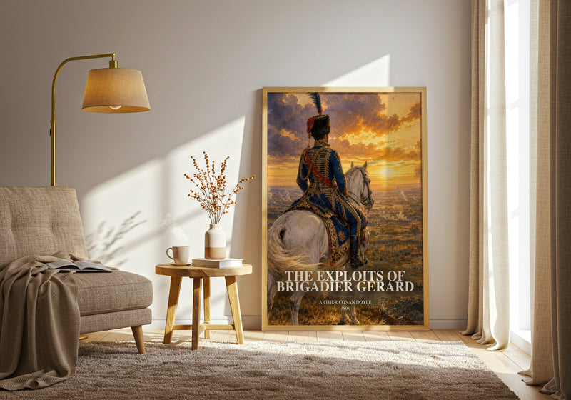 The Exploits Of Brigadier Gerard watercolour print in frame leaning in hallway – historical fiction wall art