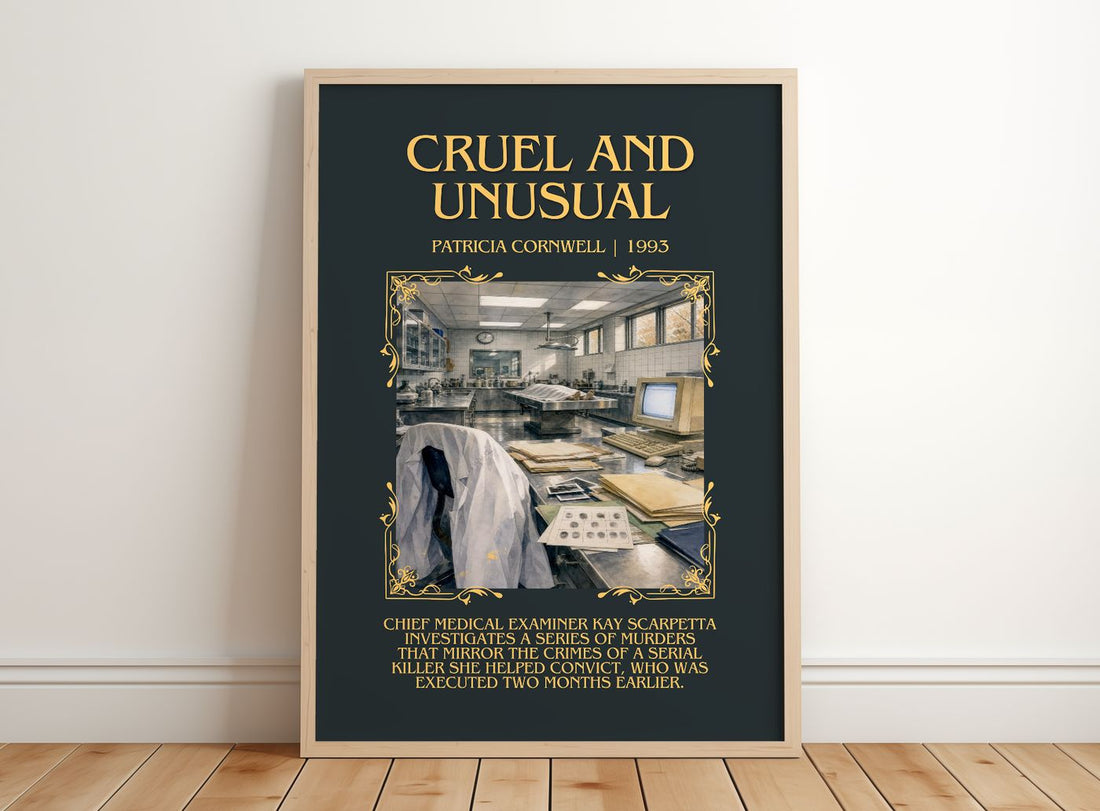 Cruel and Unusual Minimalist Book Poster by Patricia Cornwell – framed print leaning on a wooden floor