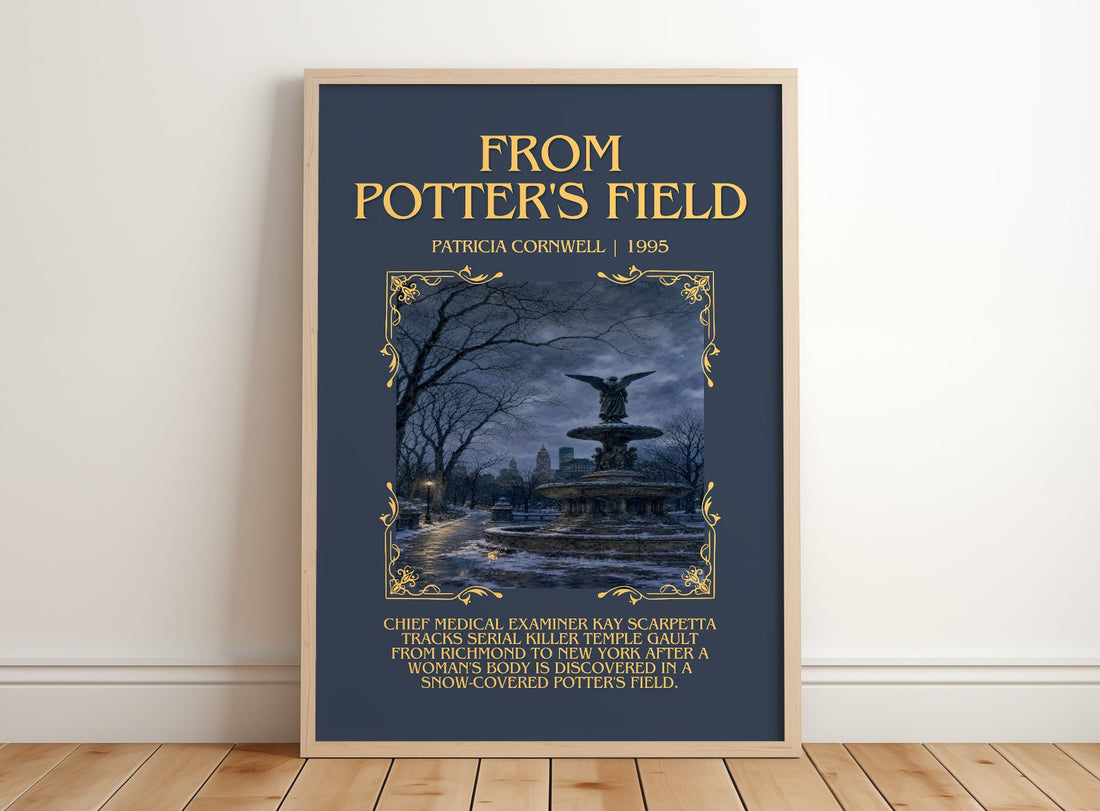 From Potter's Field Minimalist Book Poster by Patricia Cornwell – framed print leaning on a wooden floor