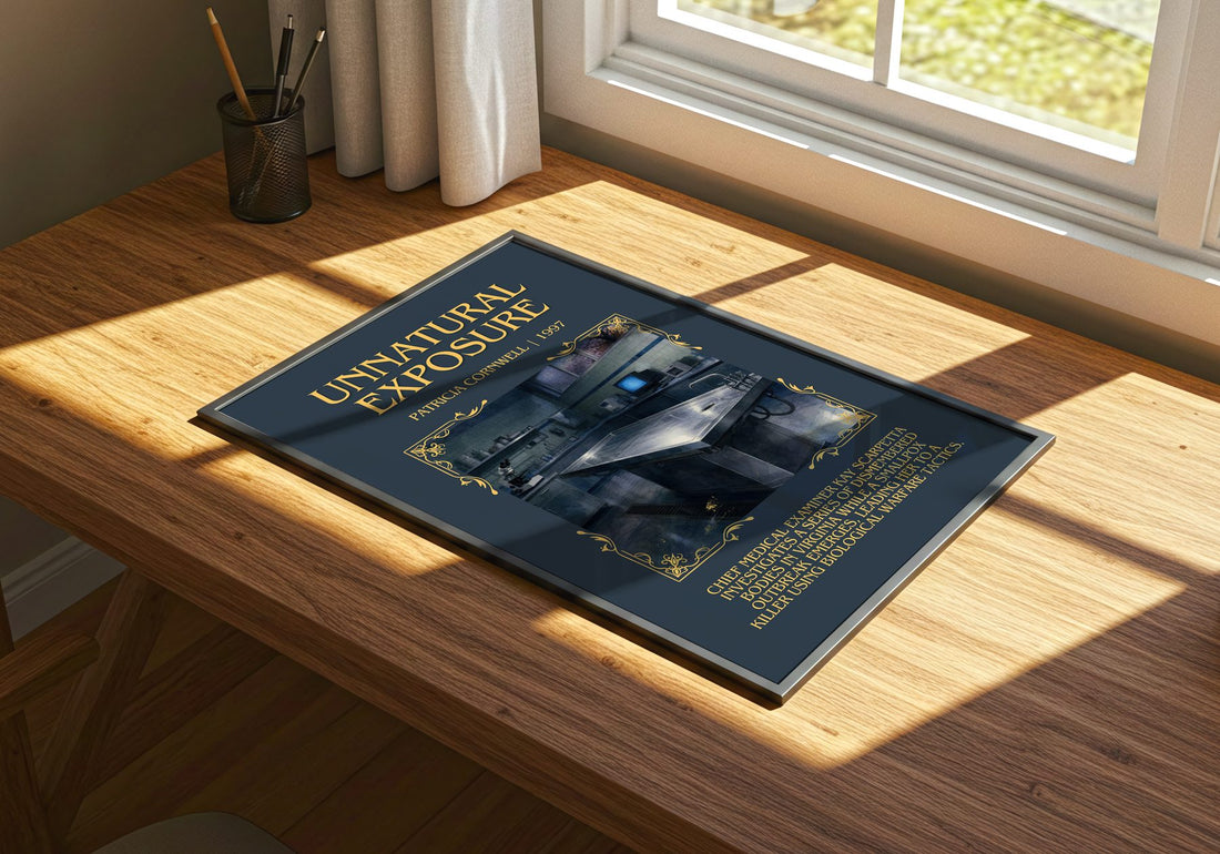 Unnatural Exposure Minimalist Book Poster by Patricia Cornwell – print on a sunlit desk