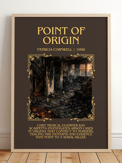 Point of Origin Minimalist Book Poster by Patricia Cornwell – framed print leaning on a wooden floor