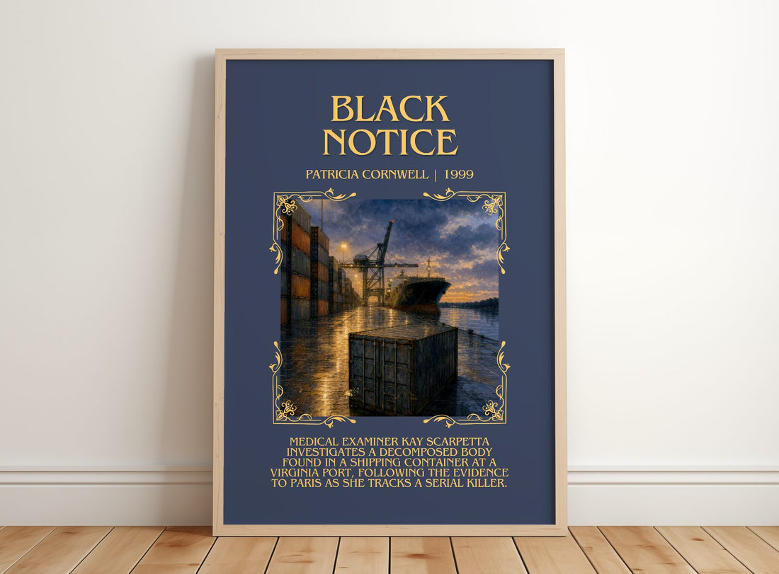 Black Notice Minimalist Book Poster by Patricia Cornwell – framed print leaning on a wooden floor