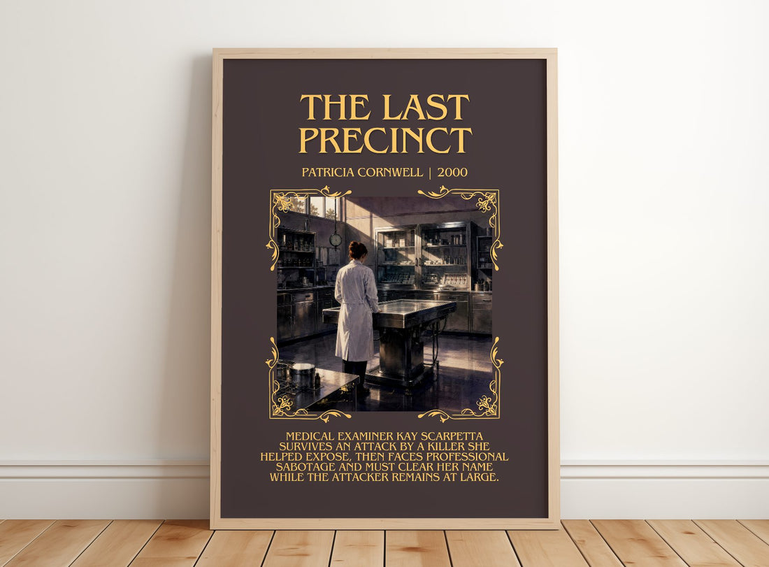 The Last Precinct Minimalist Book Poster by Patricia Cornwell – framed print leaning on a wooden floor