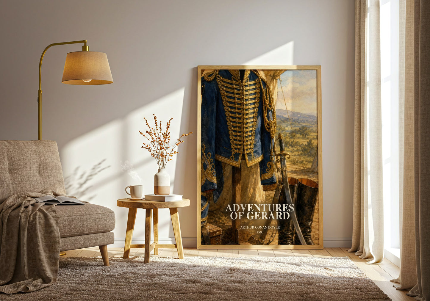 Adventures Of Gerard watercolour print in frame leaning in hallway – historical fiction wall art