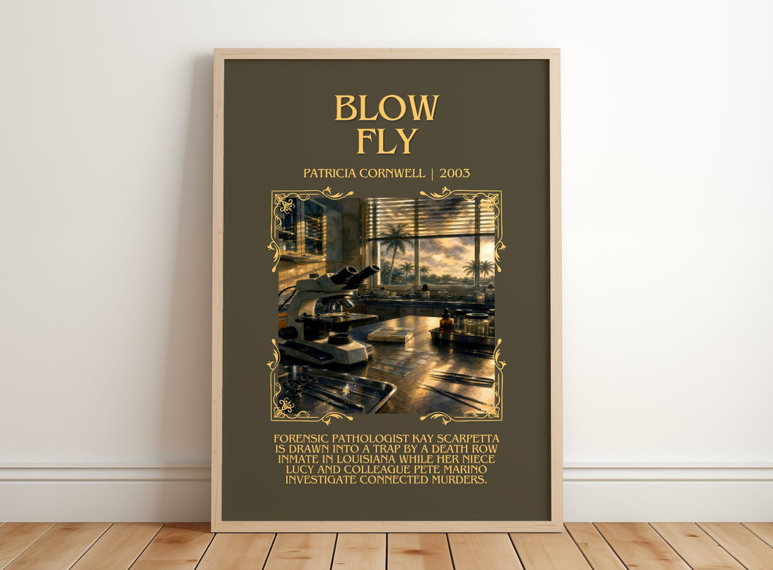 Blow Fly Minimalist Book Poster by Patricia Cornwell – framed print leaning on a wooden floor