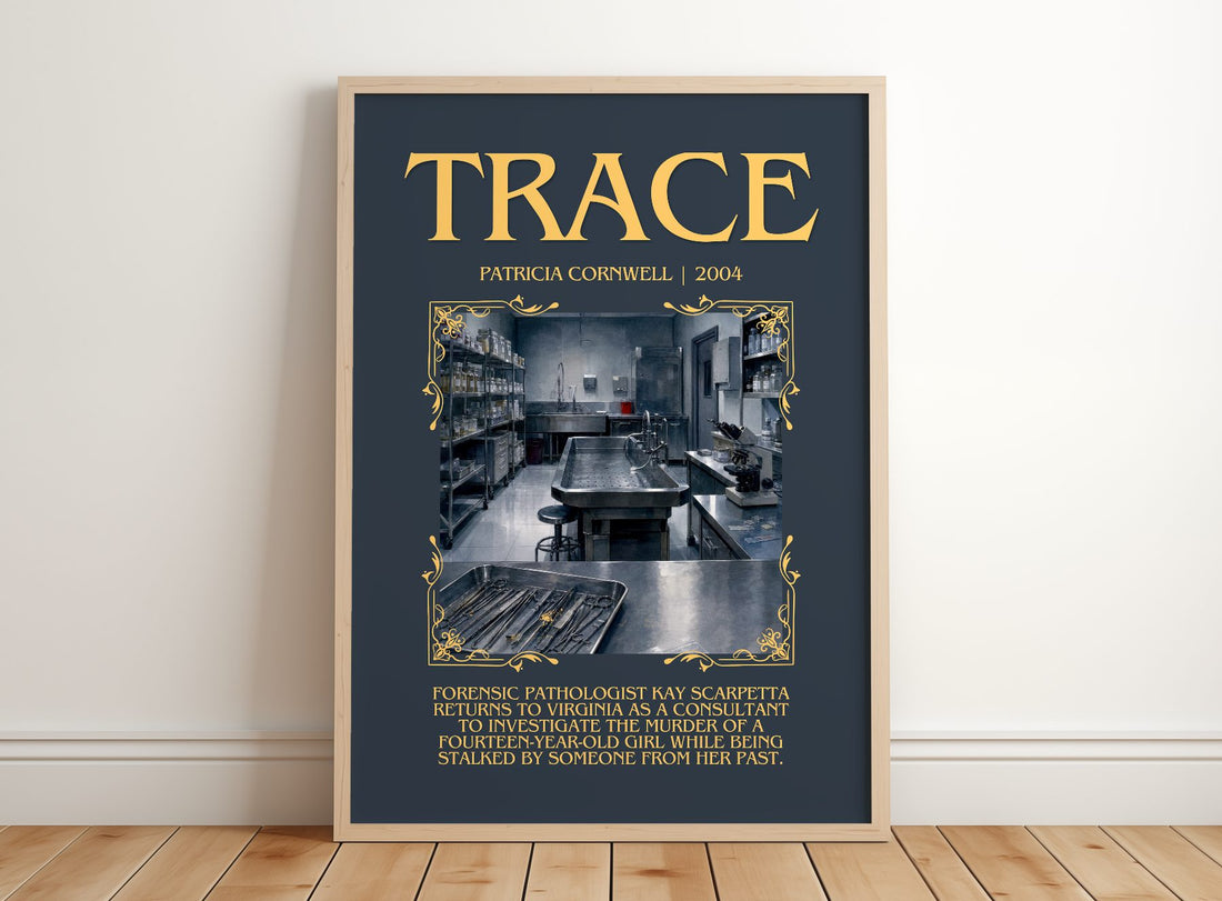 Trace Minimalist Book Poster by Patricia Cornwell – framed print leaning on a wooden floor