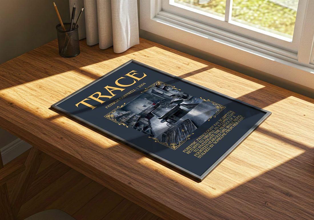 Trace Minimalist Book Poster by Patricia Cornwell – print on a sunlit desk