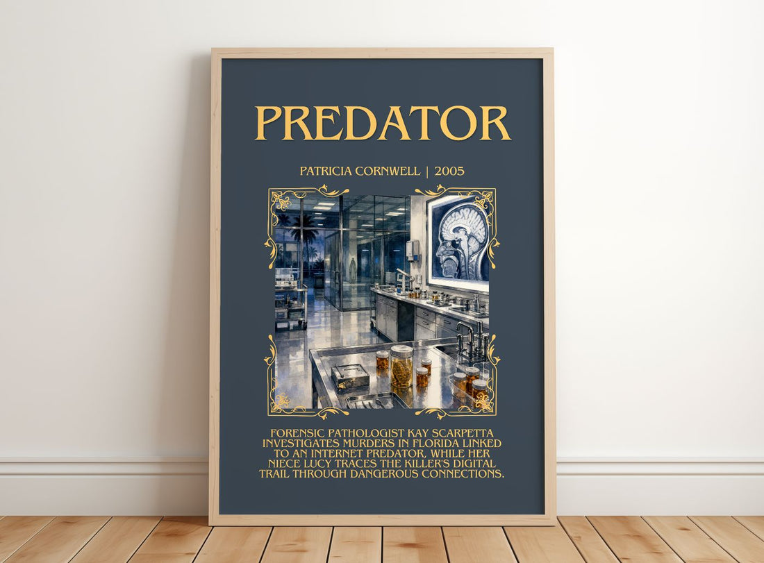 Predator Minimalist Book Poster by Patricia Cornwell – framed print leaning on a wooden floor