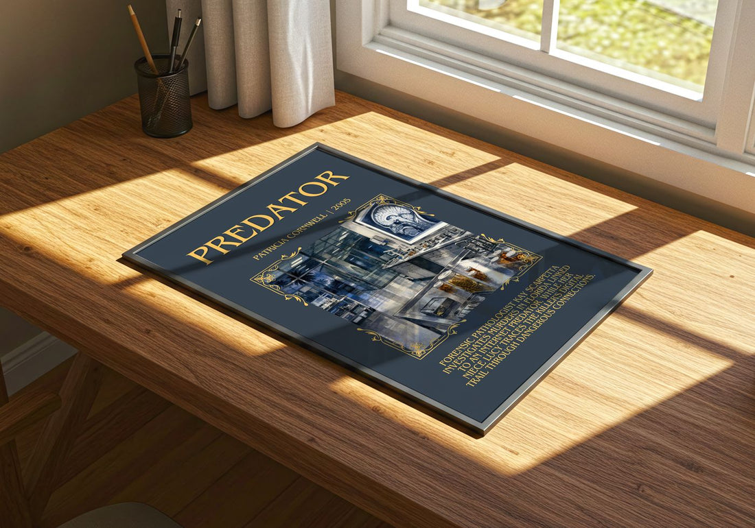 Predator Minimalist Book Poster by Patricia Cornwell – print on a sunlit desk