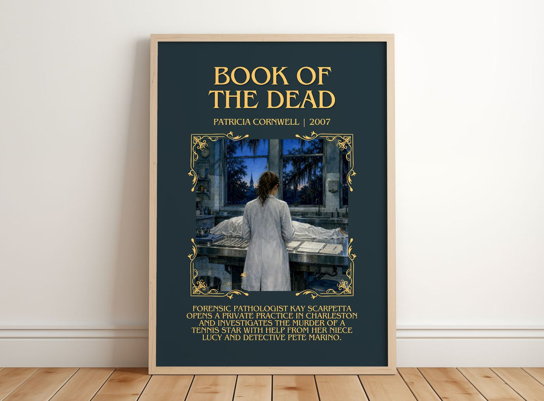 Book of the Dead Minimalist Book Poster by Patricia Cornwell – framed print leaning on a wooden floor