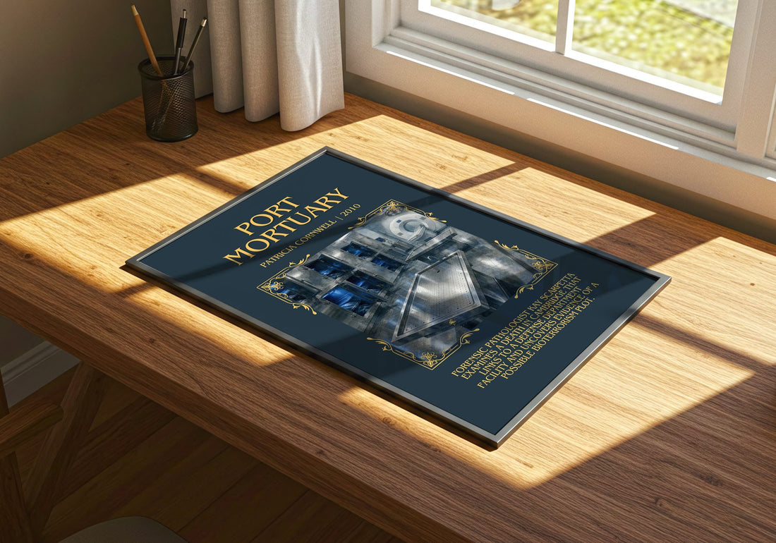 Port Mortuary Minimalist Book Poster by Patricia Cornwell – print on a sunlit desk