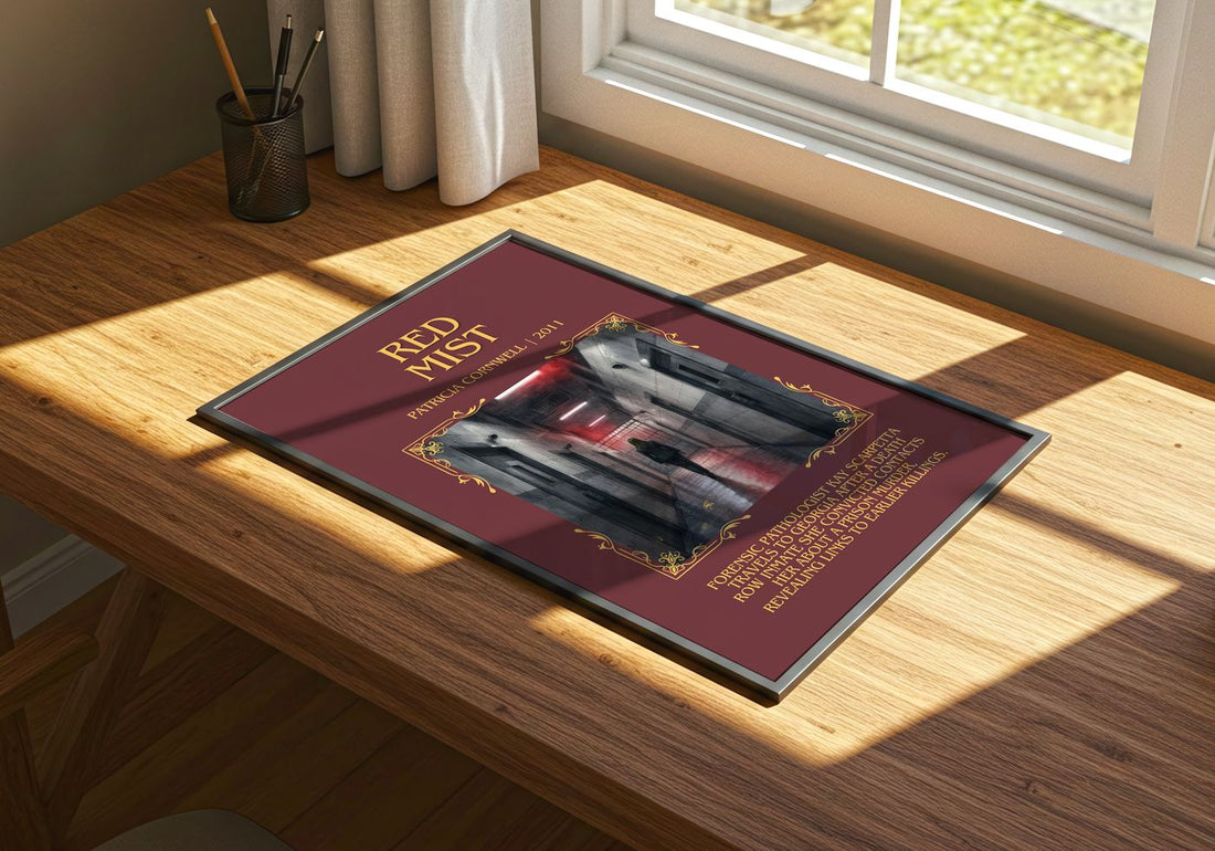 Red Mist Minimalist Book Poster by Patricia Cornwell – print on a sunlit desk