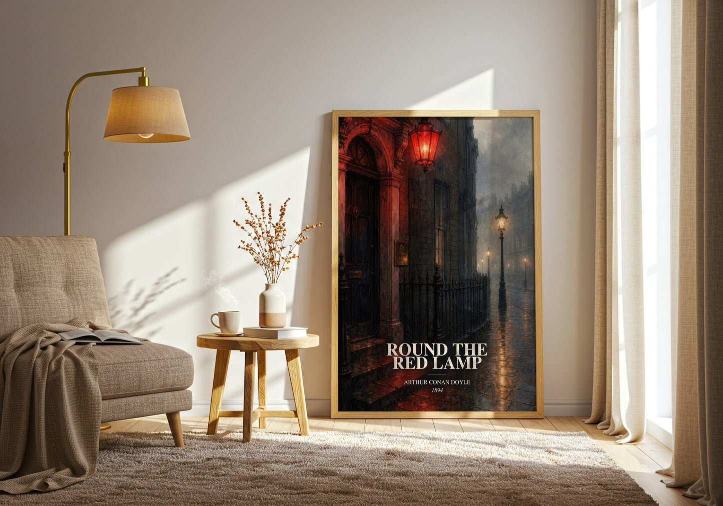 Round The Red Lamp watercolour print in frame leaning in hallway – mystery wall art