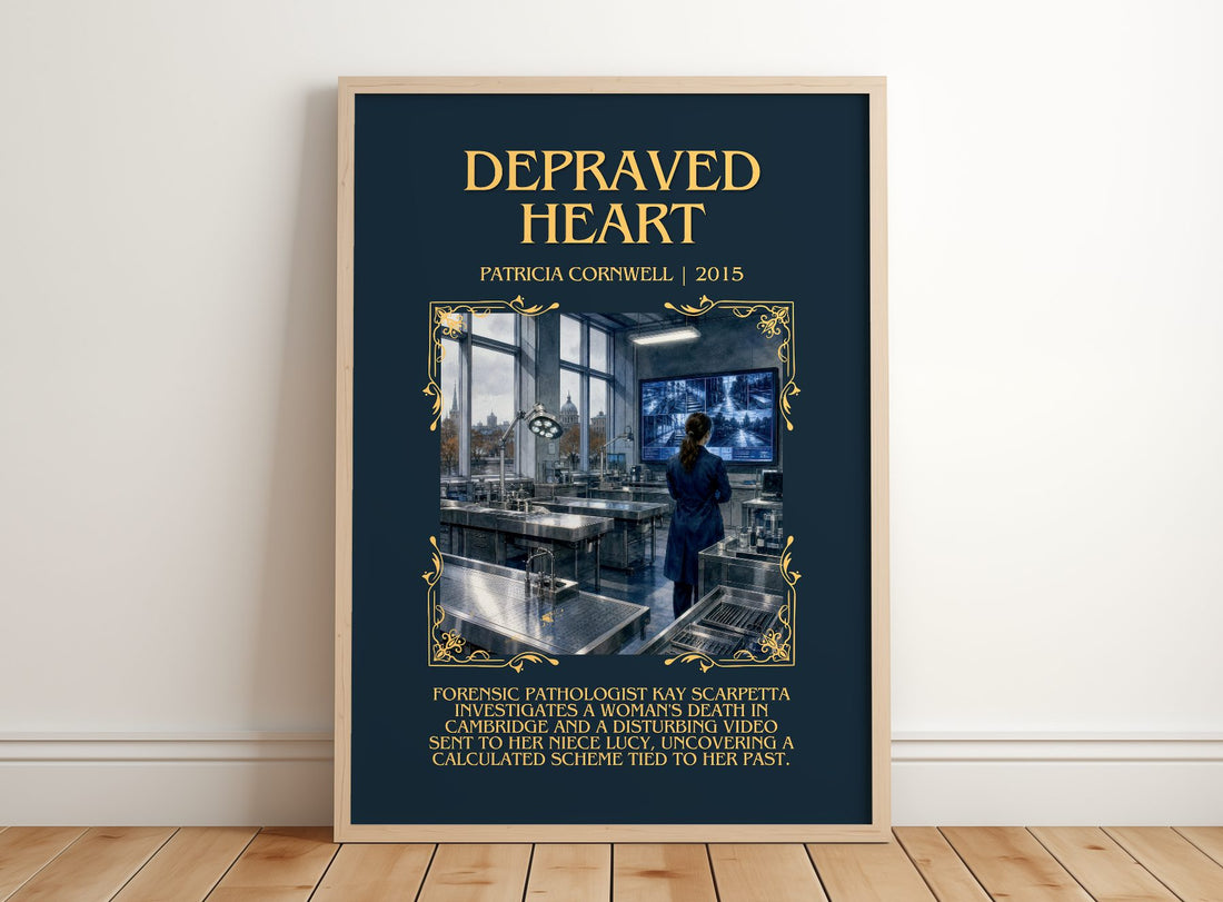 Depraved Heart Minimalist Book Poster by Patricia Cornwell – framed print leaning on a wooden floor