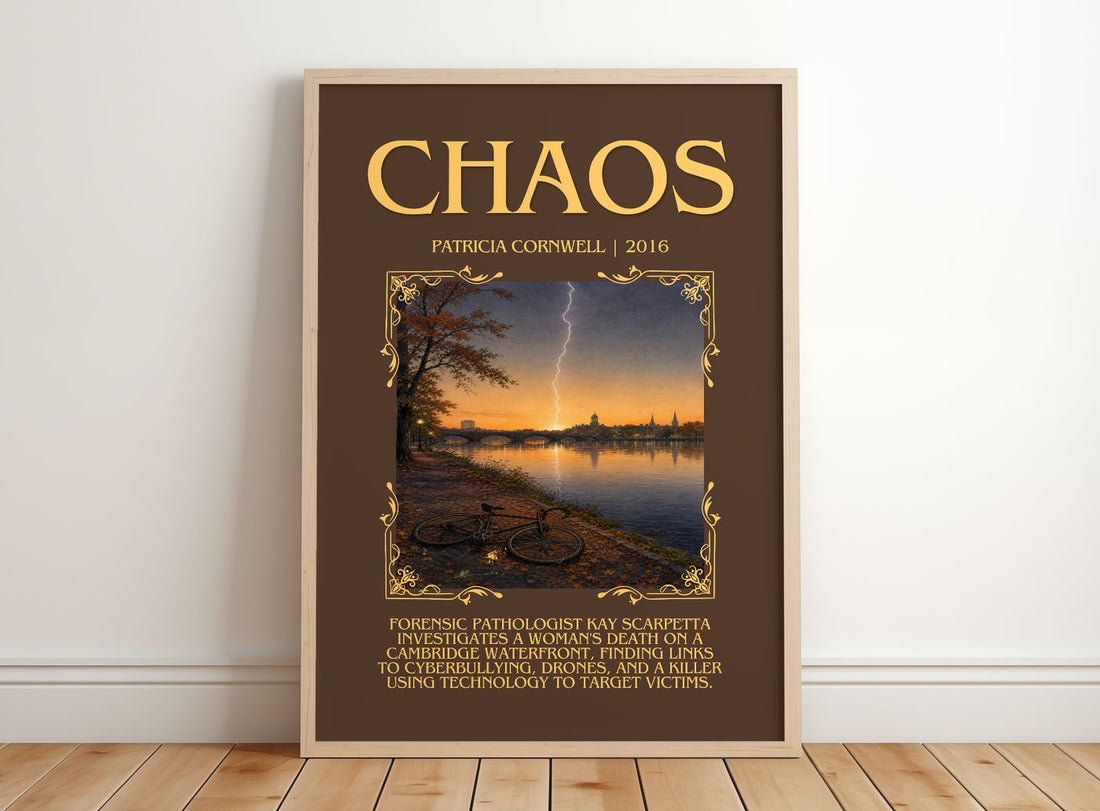 Chaos Minimalist Book Poster by Patricia Cornwell – framed print leaning on a wooden floor