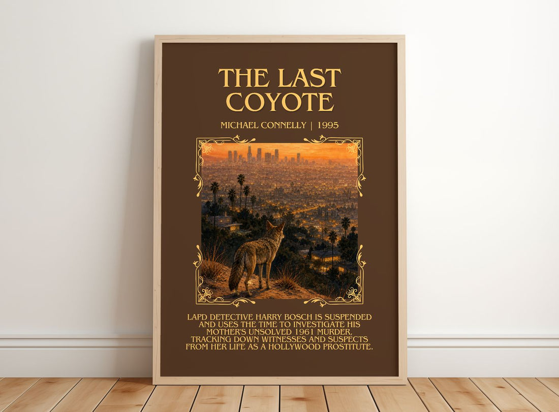 The Last Coyote Minimalist Book Poster by Michael Connelly – framed print leaning on a wooden floor
