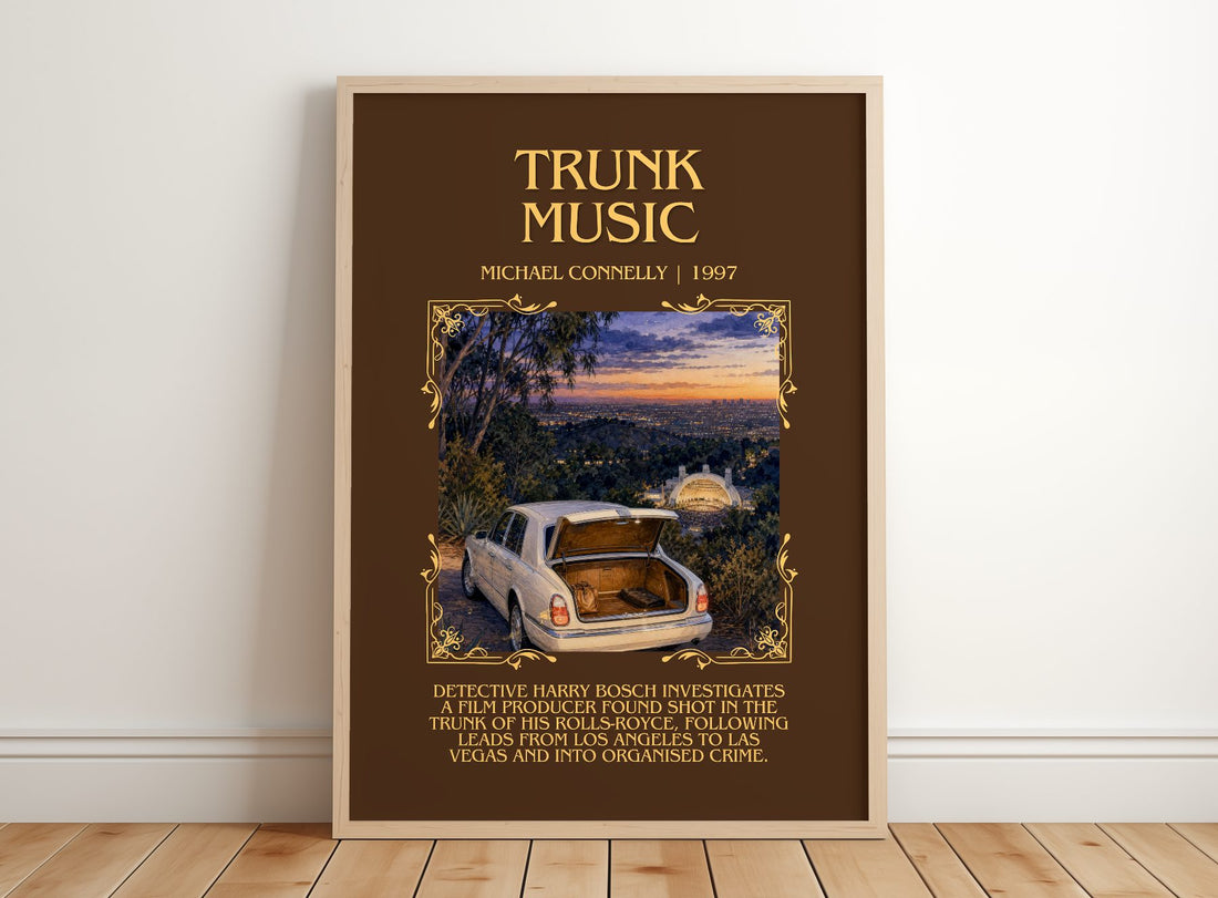 Trunk Music Minimalist Book Poster by Michael Connelly – framed print leaning on a wooden floor