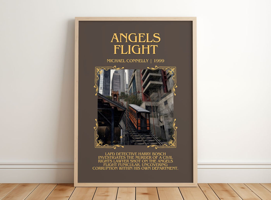 Angels Flight Minimalist Book Poster by Michael Connelly – framed print leaning on a wooden floor