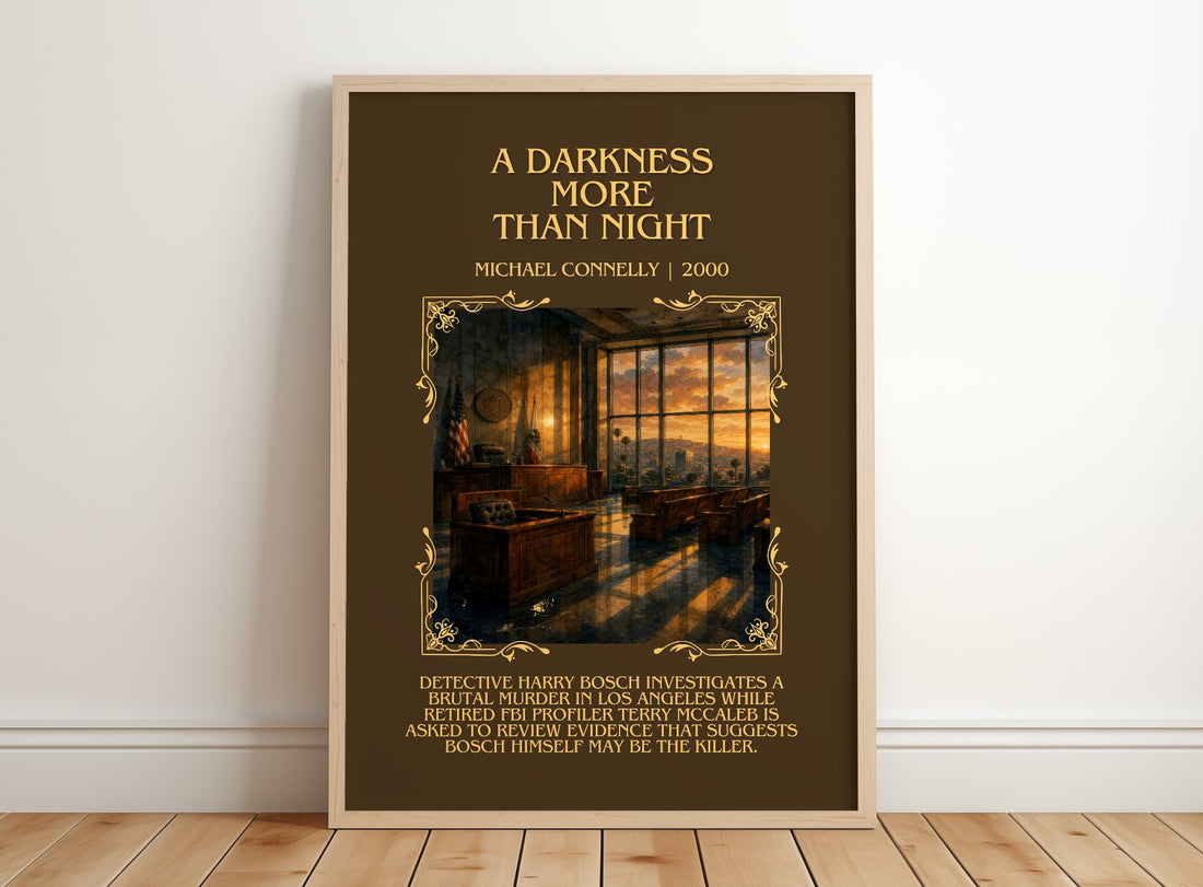 A Darkness More Than Night Minimalist Book Poster by Michael Connelly – framed print leaning on a wooden floor
