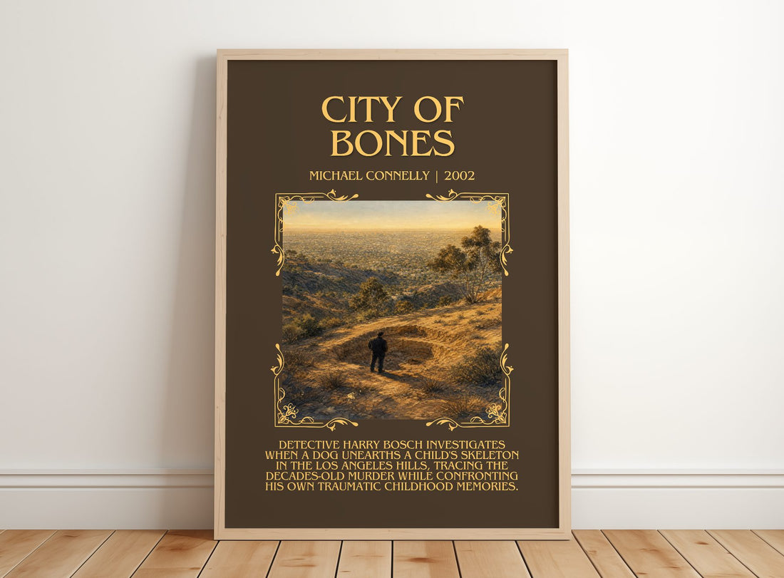 City of Bones Minimalist Book Poster by Michael Connelly – framed print leaning on a wooden floor
