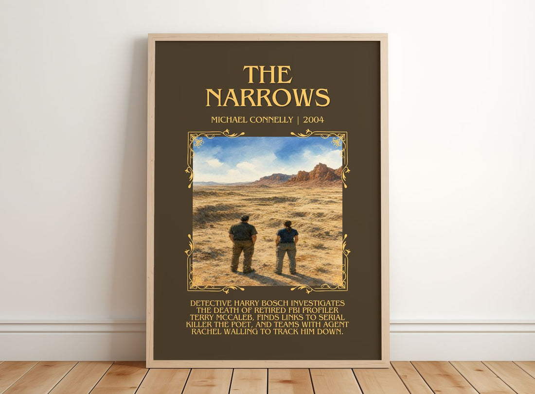 The Narrows Minimalist Book Poster by Michael Connelly – framed print leaning on a wooden floor
