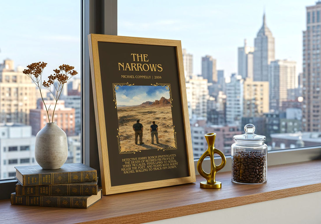 The Narrows Minimalist Book Poster by Michael Connelly – framed print on a city-view windowsill